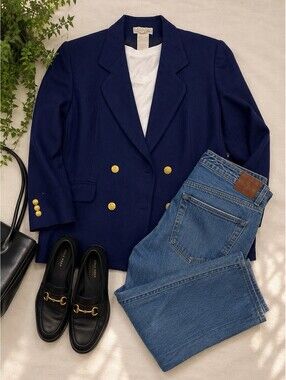 Vintage Navy Wool Blazer Jacket – Gold Button Academia Preppy Streetwear